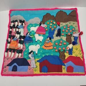 Vtg PERUVIAN ARPILLERA Handmade Folk Art Wall Tapestry 19.5" x 19.5" Andes 3D